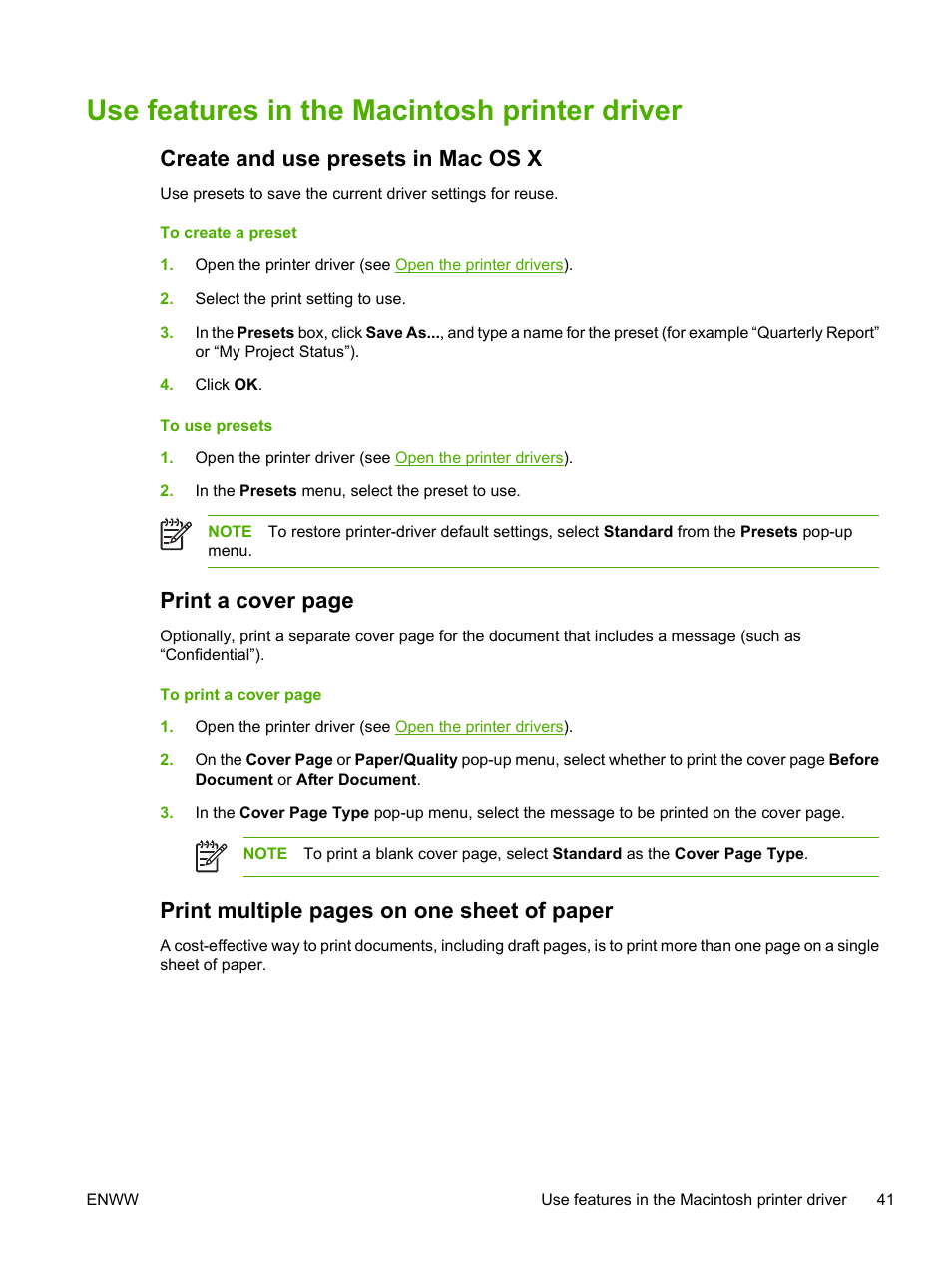 Use features in the macintosh printer driver, Create and use presets in mac os x, Print a cover page | Print multiple pages on one sheet of paper | HP Color LaserJet CM1015CM1017 Multifunction Printer series User Manual | Page 55 / 264