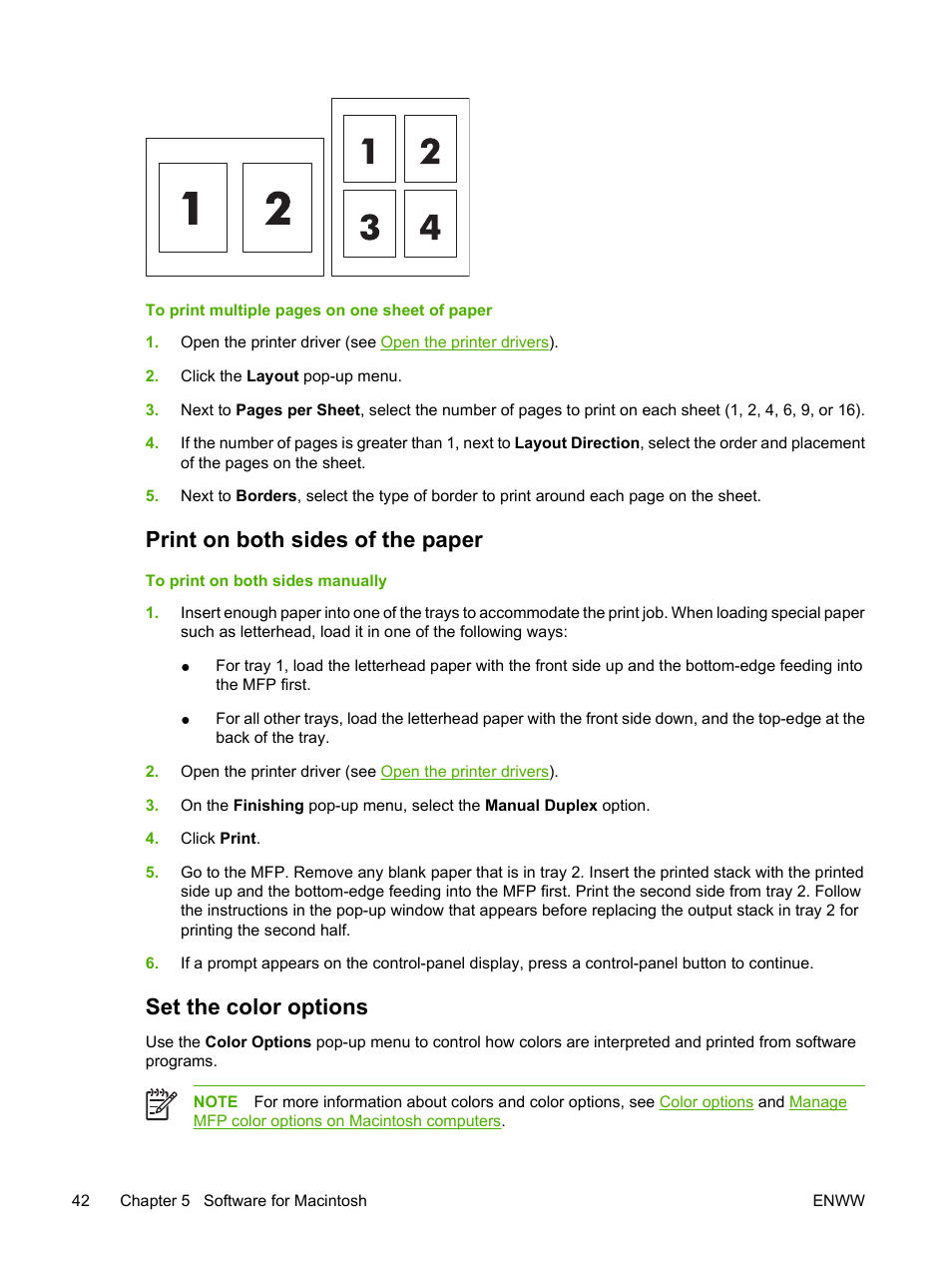 Print on both sides of the paper, Set the color options | HP Color LaserJet CM1015CM1017 Multifunction Printer series User Manual | Page 56 / 264