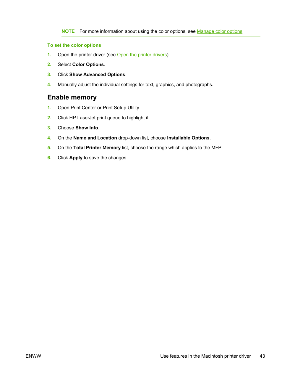 Enable memory | HP Color LaserJet CM1015CM1017 Multifunction Printer series User Manual | Page 57 / 264