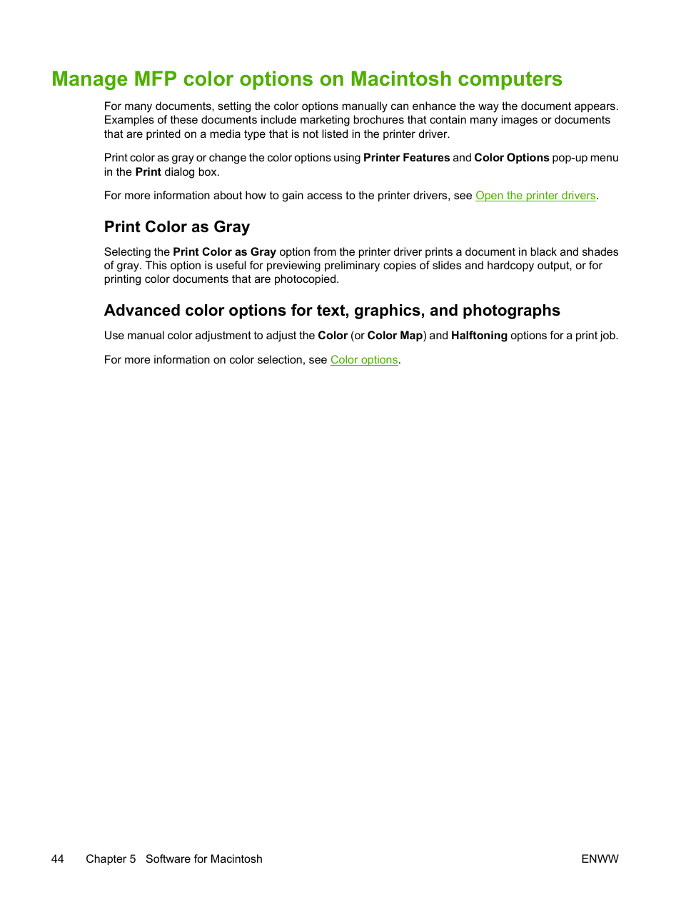 Manage mfp color options on macintosh computers, Print color as gray, Manage | Mfp color options on macintosh computers | HP Color LaserJet CM1015CM1017 Multifunction Printer series User Manual | Page 58 / 264