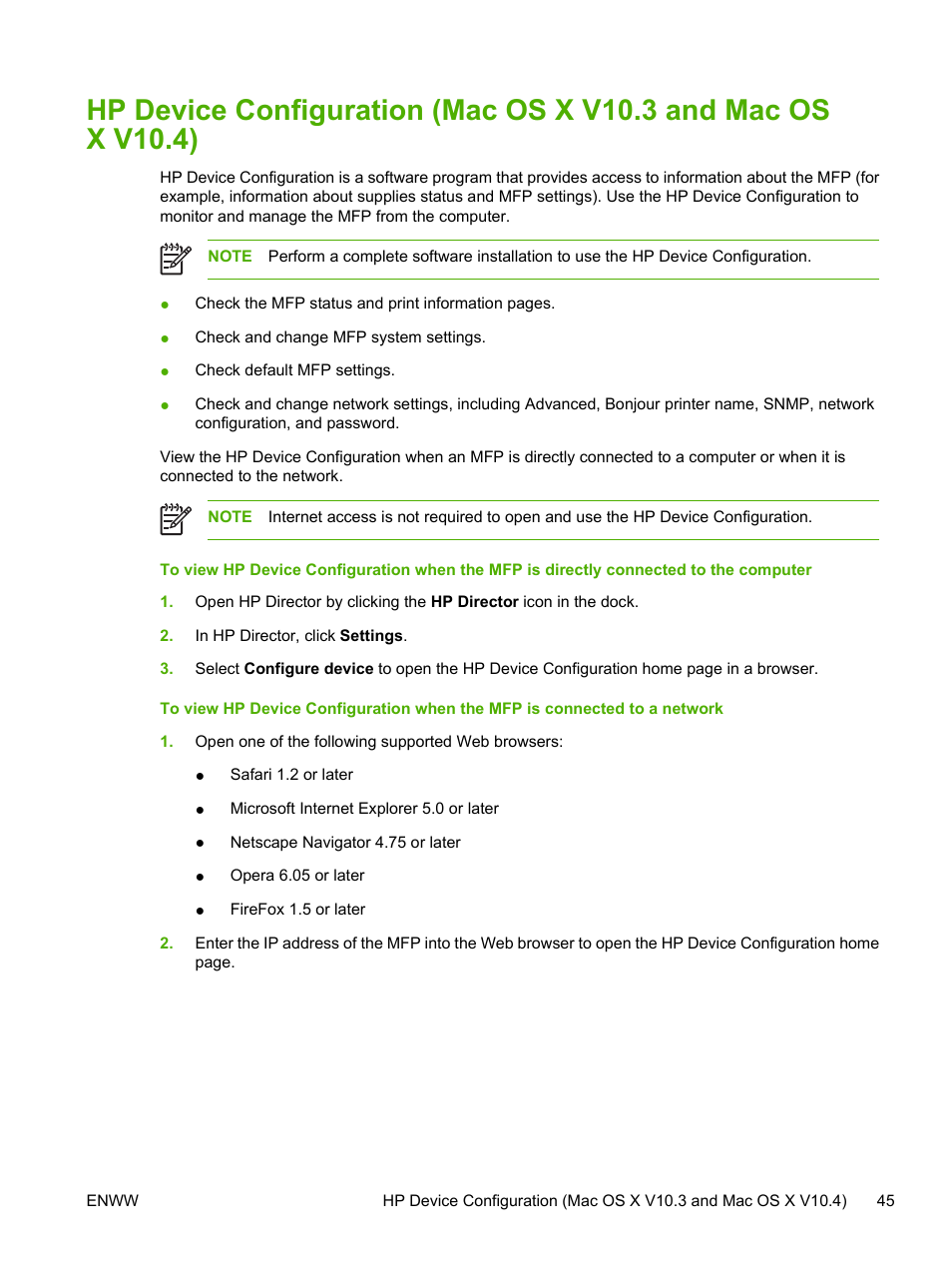 Hp device configuration (mac os, X v10.3 and mac os x v10.4), Hp device configuration | Mac os x v10.3 and mac os x v10.4) | HP Color LaserJet CM1015CM1017 Multifunction Printer series User Manual | Page 59 / 264