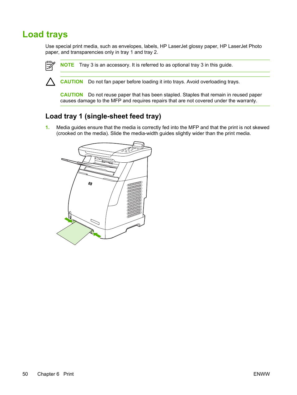 Load trays, Load tray 1 (single-sheet feed tray) | HP Color LaserJet CM1015CM1017 Multifunction Printer series User Manual | Page 64 / 264