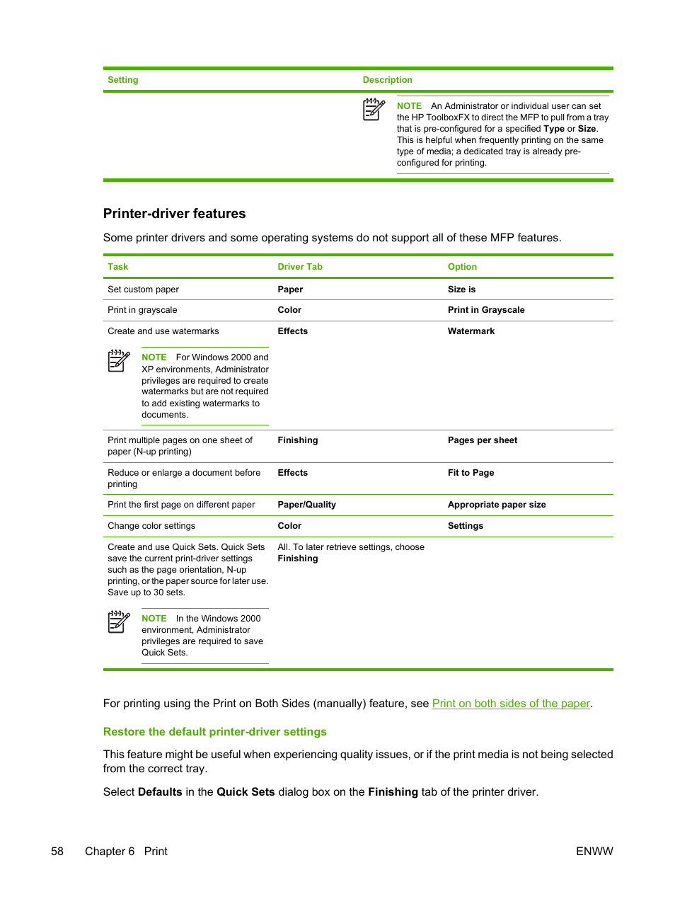 Printer-driver features, Restore the default printer-driver settings | HP Color LaserJet CM1015CM1017 Multifunction Printer series User Manual | Page 72 / 264