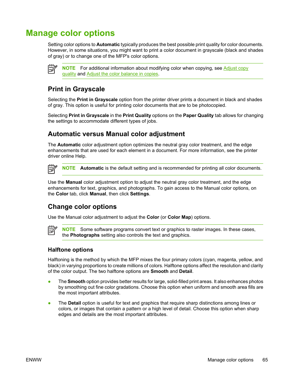 Manage color options, Print in grayscale, Automatic versus manual color adjustment | Change color options, Halftone options | HP Color LaserJet CM1015CM1017 Multifunction Printer series User Manual | Page 79 / 264