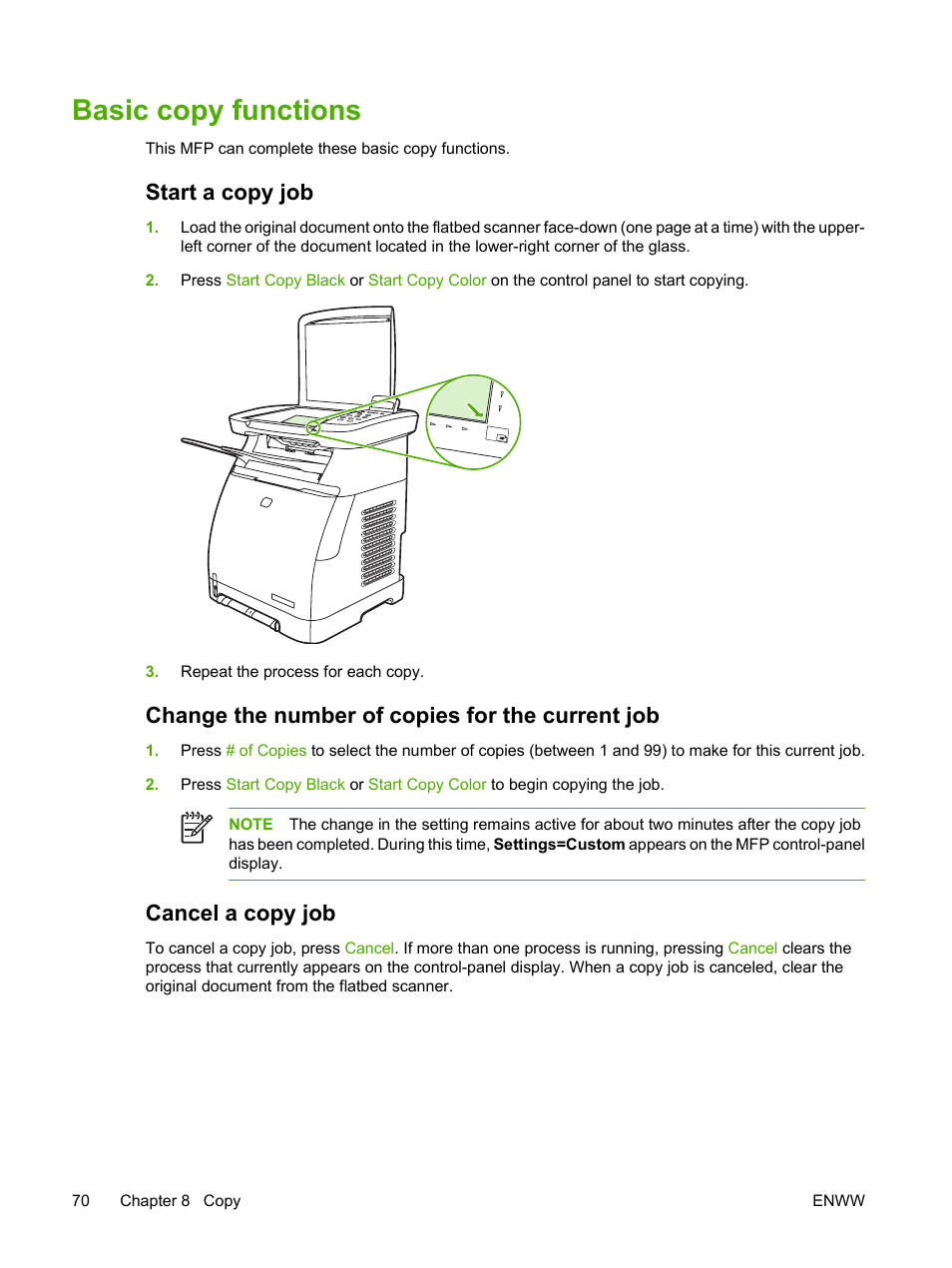 Basic copy functions, Start a copy job, Change the number of copies for the current job | Cancel a copy job | HP Color LaserJet CM1015CM1017 Multifunction Printer series User Manual | Page 84 / 264