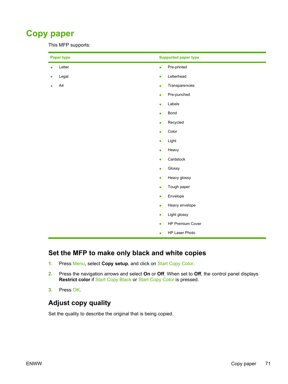 Copy paper, Set the mfp to make only black and white copies, Adjust copy quality | Adjust copy, Quality | HP Color LaserJet CM1015CM1017 Multifunction Printer series User Manual | Page 85 / 264