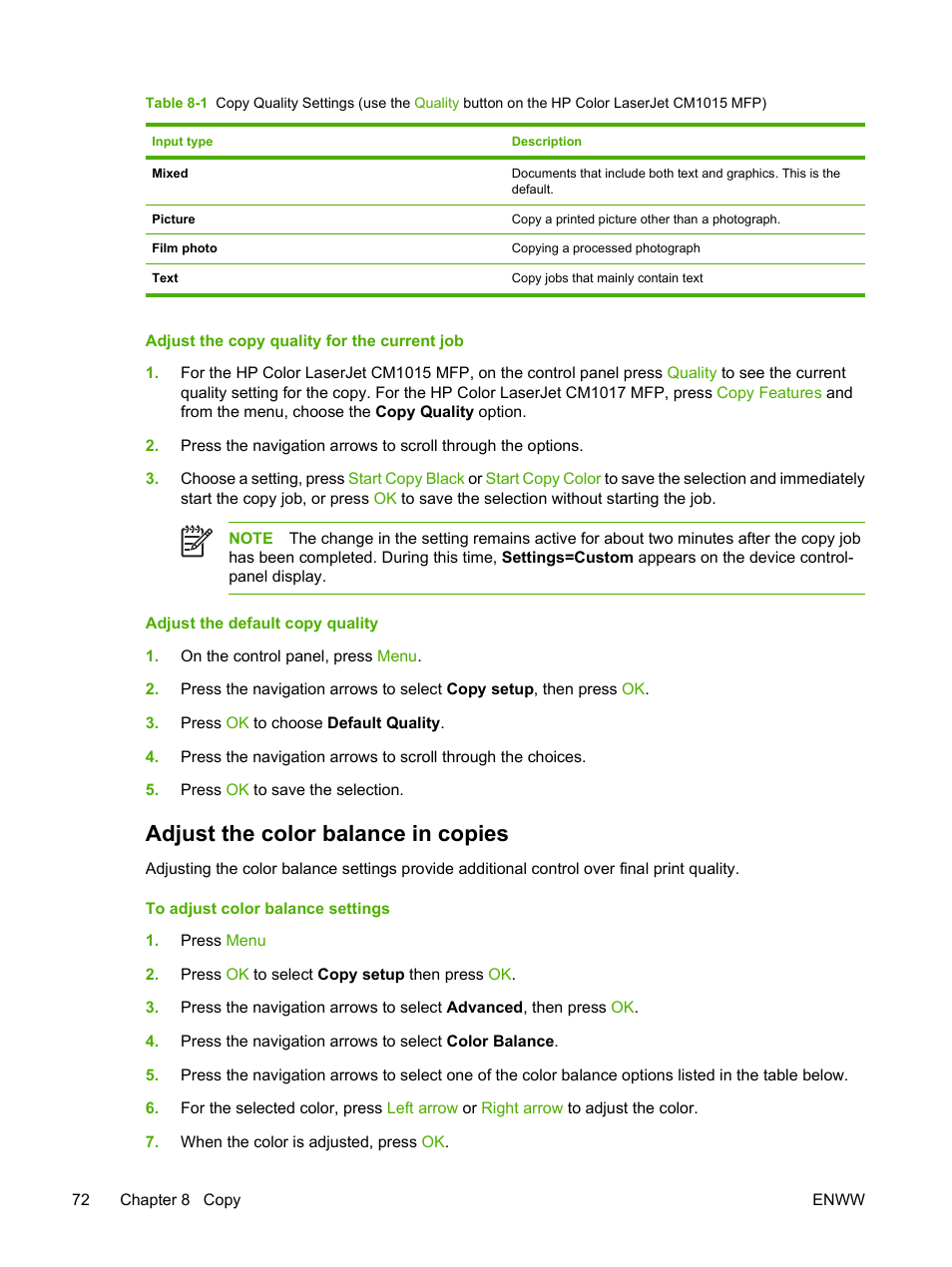 Adjust the color balance in copies | HP Color LaserJet CM1015CM1017 Multifunction Printer series User Manual | Page 86 / 264