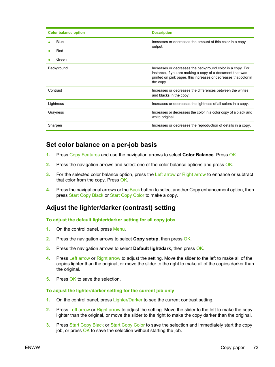Set color balance on a per-job basis, Adjust the lighter/darker (contrast) setting | HP Color LaserJet CM1015CM1017 Multifunction Printer series User Manual | Page 87 / 264