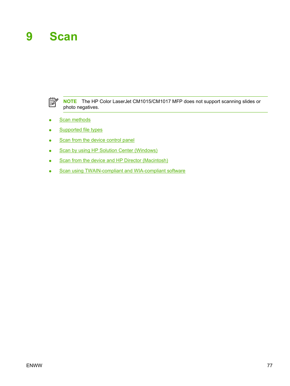 Scan, 9 scan, 9scan | HP Color LaserJet CM1015CM1017 Multifunction Printer series User Manual | Page 91 / 264