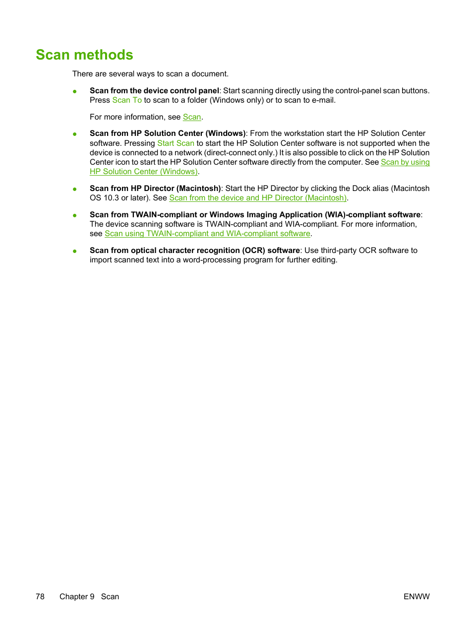 Scan methods | HP Color LaserJet CM1015CM1017 Multifunction Printer series User Manual | Page 92 / 264