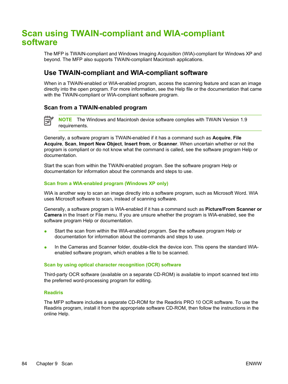 Use twain-compliant and wia-compliant software, Scan from a twain-enabled program, Scan from a wia-enabled program (windows xp only) | Readiris | HP Color LaserJet CM1015CM1017 Multifunction Printer series User Manual | Page 98 / 264