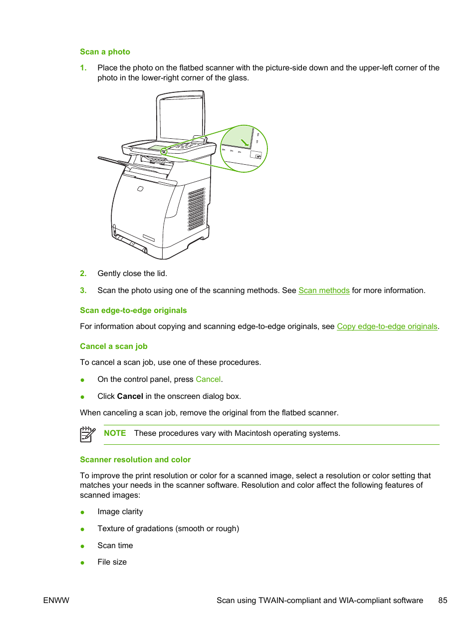 Scan a photo, Scan edge-to-edge originals, Cancel a scan job | Scanner resolution and color | HP Color LaserJet CM1015CM1017 Multifunction Printer series User Manual | Page 99 / 264