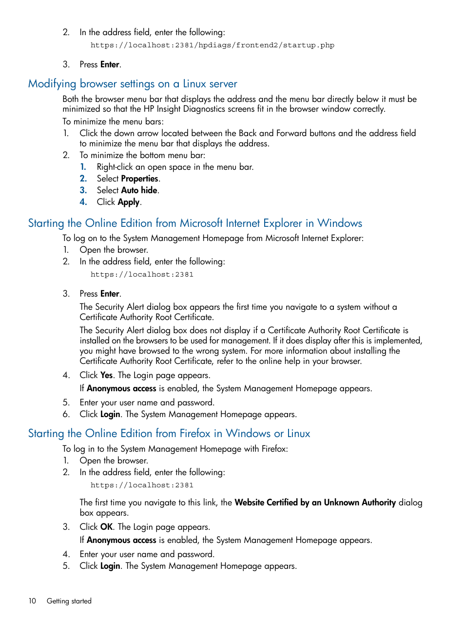 Modifying browser settings on a linux server | HP Insight Diagnostics Software User Manual | Page 10 / 41