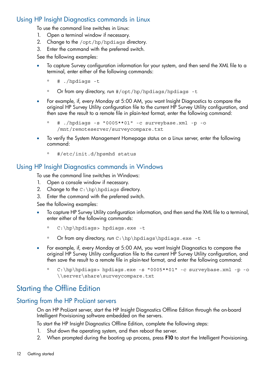 Using hp insight diagnostics commands in linux, Using hp insight diagnostics commands in windows, Starting the offline edition | Starting from the hp proliant servers | HP Insight Diagnostics Software User Manual | Page 12 / 41