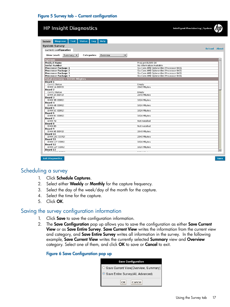 Scheduling a survey, Saving the survey configuration information | HP Insight Diagnostics Software User Manual | Page 17 / 41