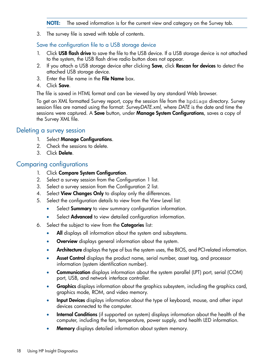 Deleting a survey session, Comparing configurations, Deleting a survey session comparing configurations | HP Insight Diagnostics Software User Manual | Page 18 / 41