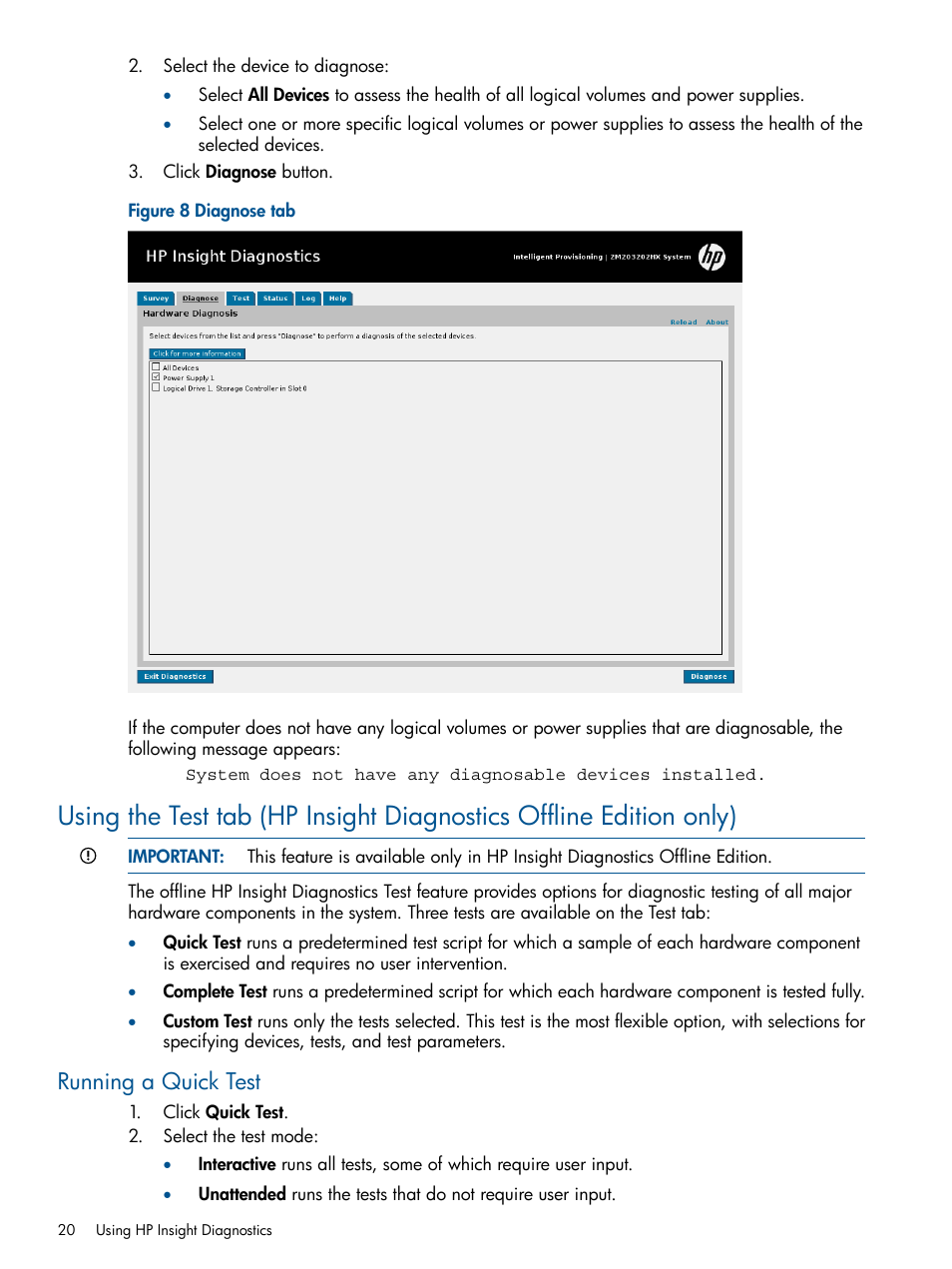 Running a quick test | HP Insight Diagnostics Software User Manual | Page 20 / 41