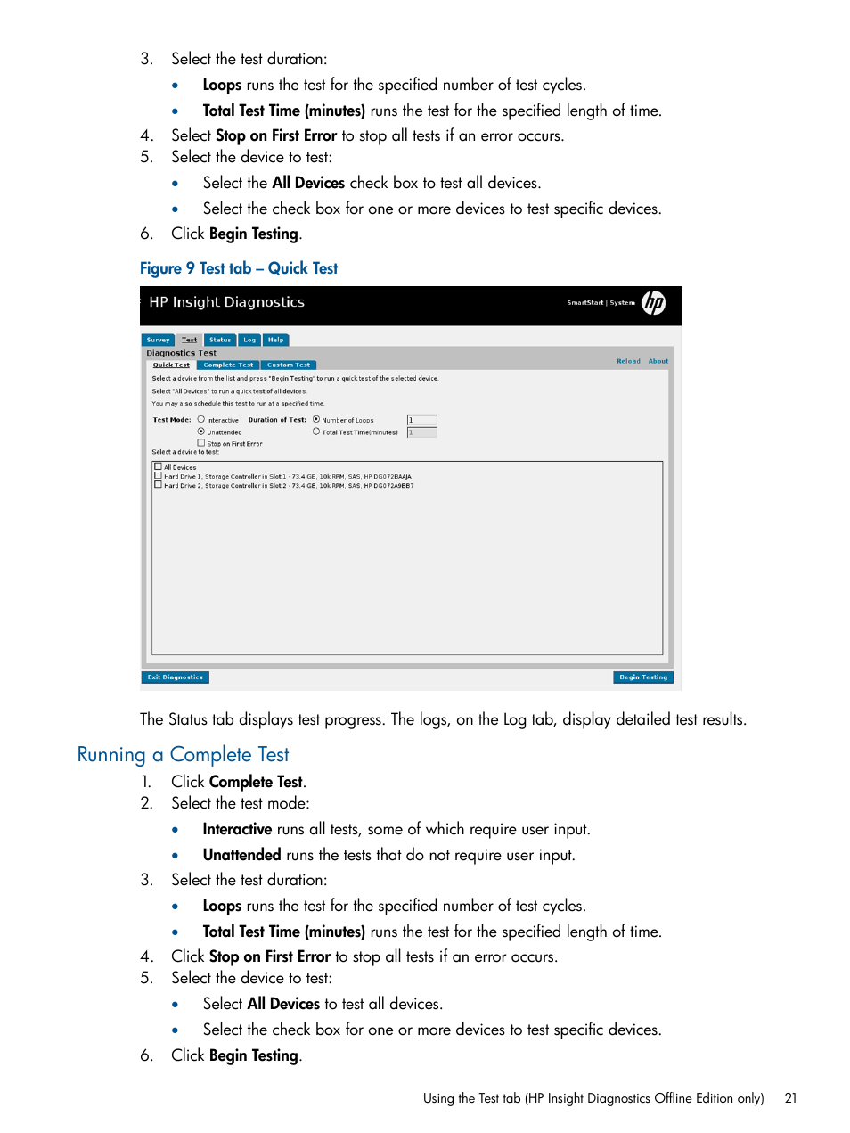 Running a complete test | HP Insight Diagnostics Software User Manual | Page 21 / 41