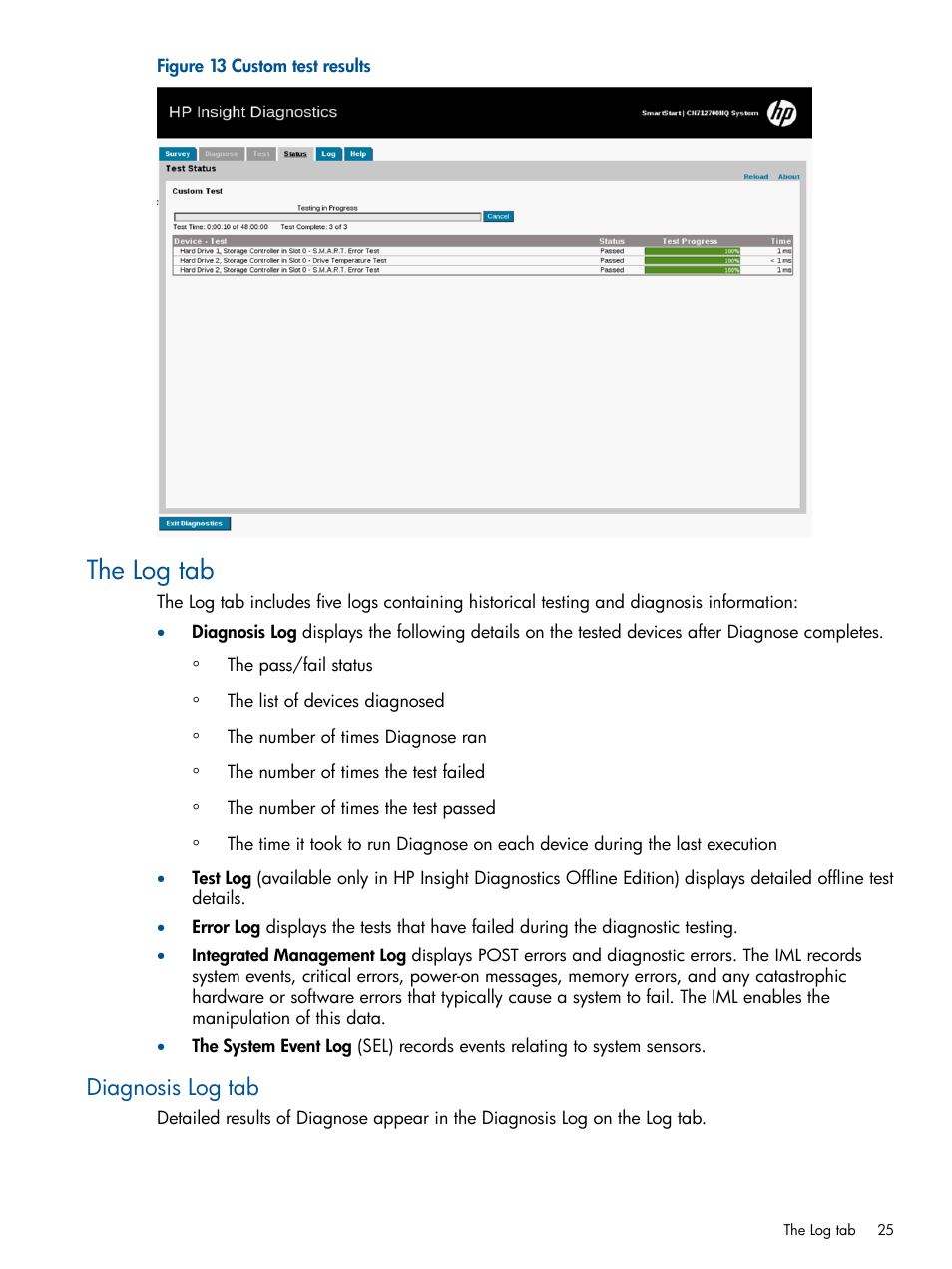 The log tab, Diagnosis log tab | HP Insight Diagnostics Software User Manual | Page 25 / 41