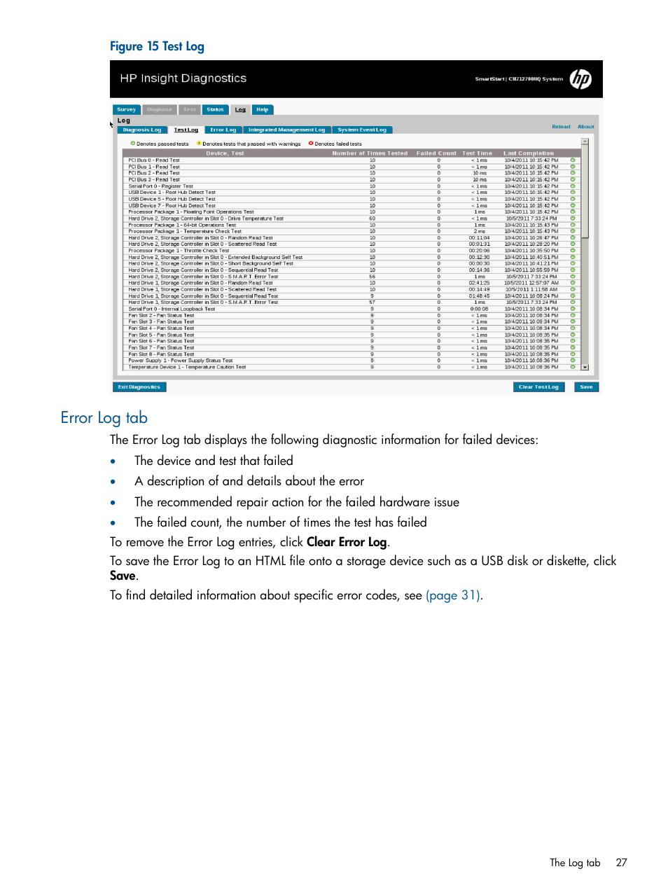 Error log tab | HP Insight Diagnostics Software User Manual | Page 27 / 41