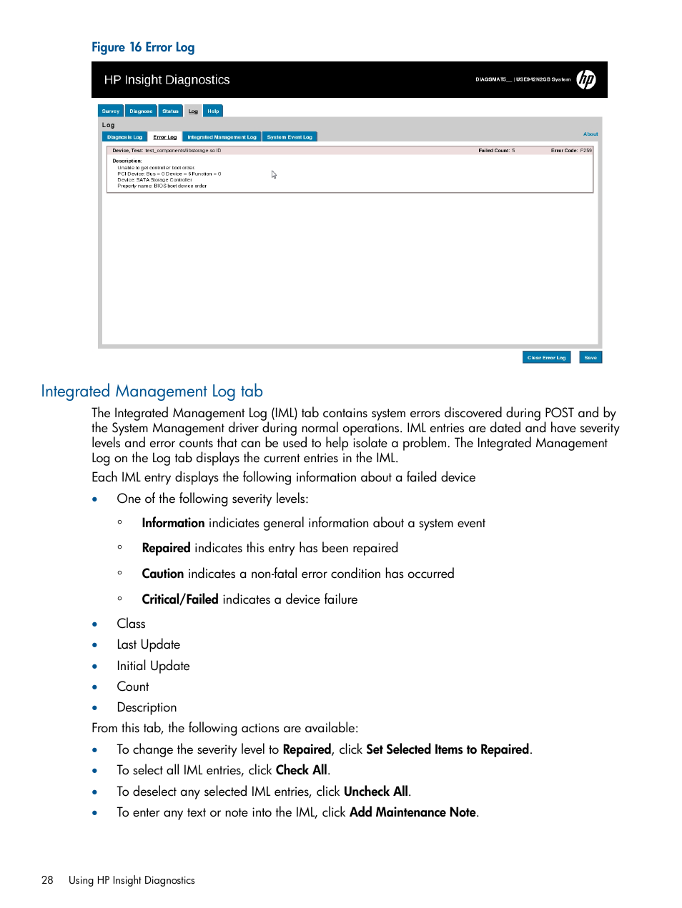 Integrated management log tab | HP Insight Diagnostics Software User Manual | Page 28 / 41