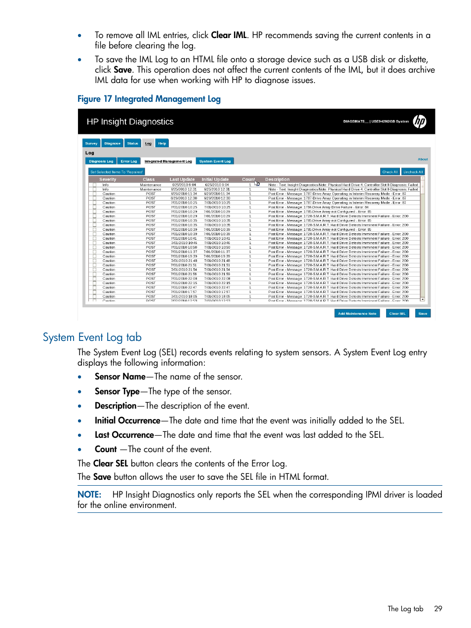 System event log tab | HP Insight Diagnostics Software User Manual | Page 29 / 41