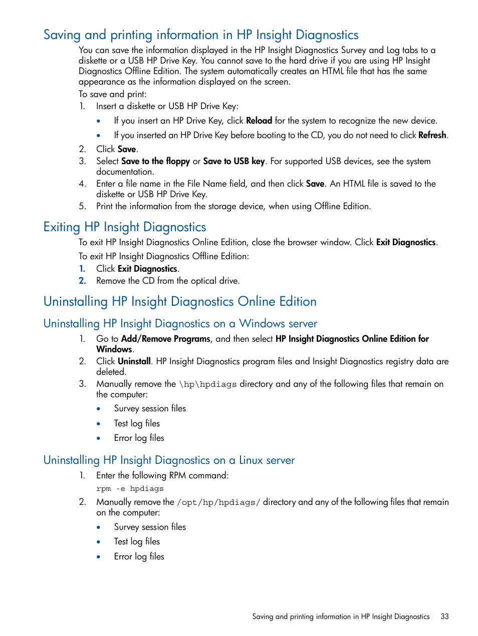 Exiting hp insight diagnostics, Uninstalling hp insight diagnostics online edition | HP Insight Diagnostics Software User Manual | Page 33 / 41