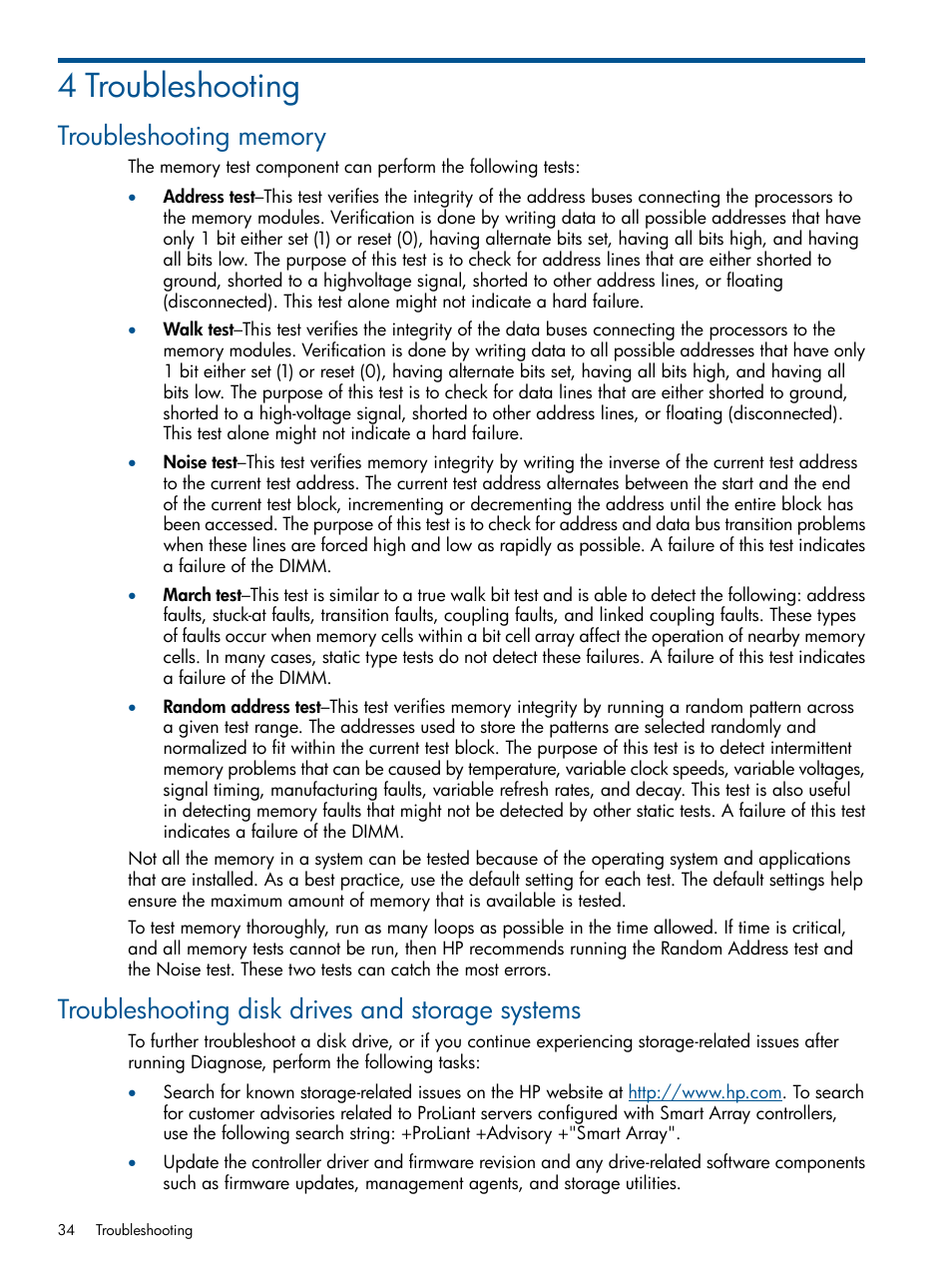 4 troubleshooting, Troubleshooting memory, Troubleshooting disk drives and storage systems | HP Insight Diagnostics Software User Manual | Page 34 / 41