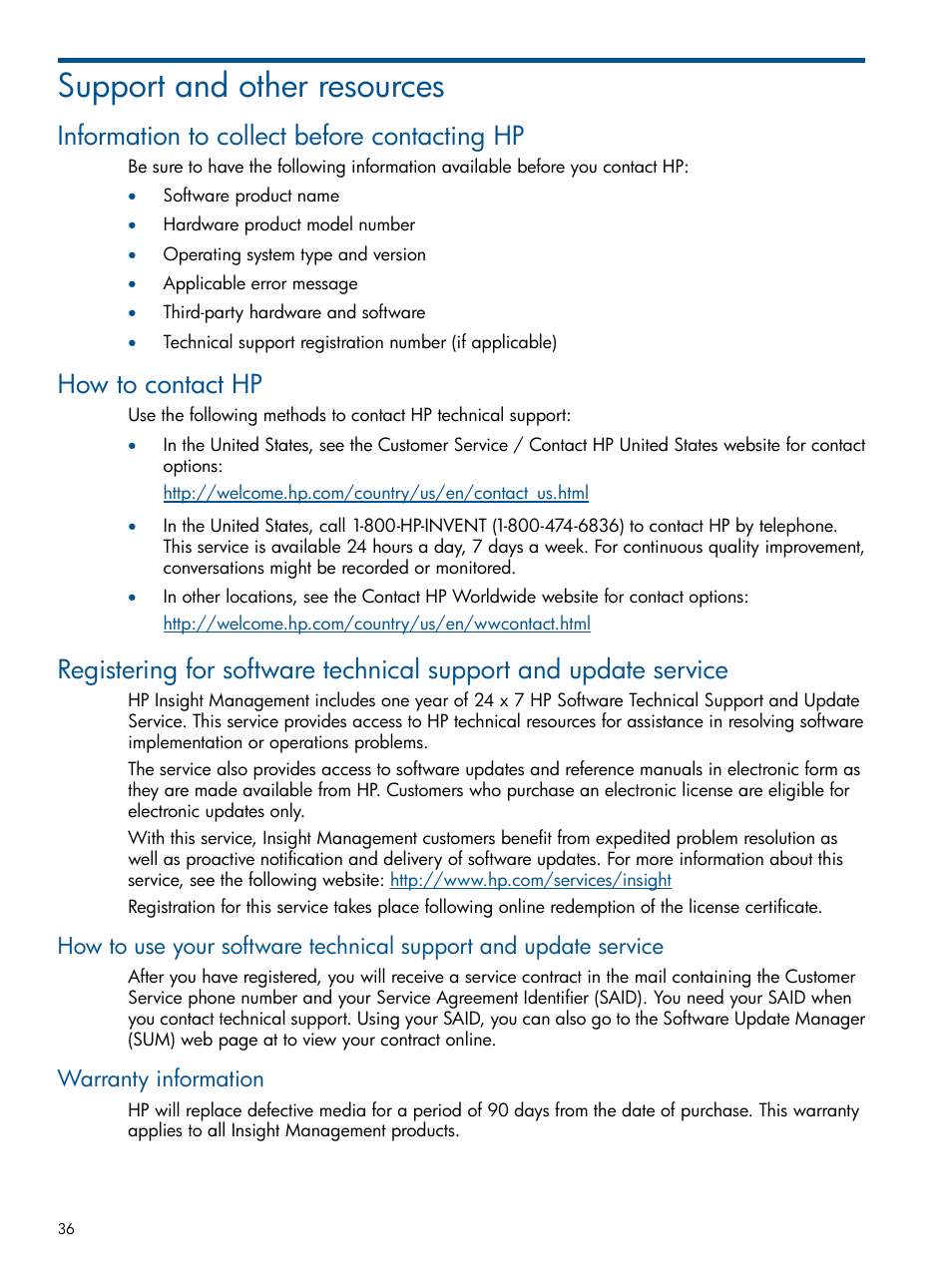 Support and other resources, Information to collect before contacting hp, How to contact hp | Warranty information | HP Insight Diagnostics Software User Manual | Page 36 / 41