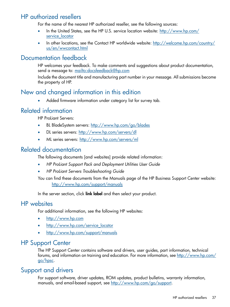 Hp authorized resellers, Documentation feedback, New and changed information in this edition | Related information, Related documentation, Hp websites, Hp support center, Support and drivers | HP Insight Diagnostics Software User Manual | Page 37 / 41