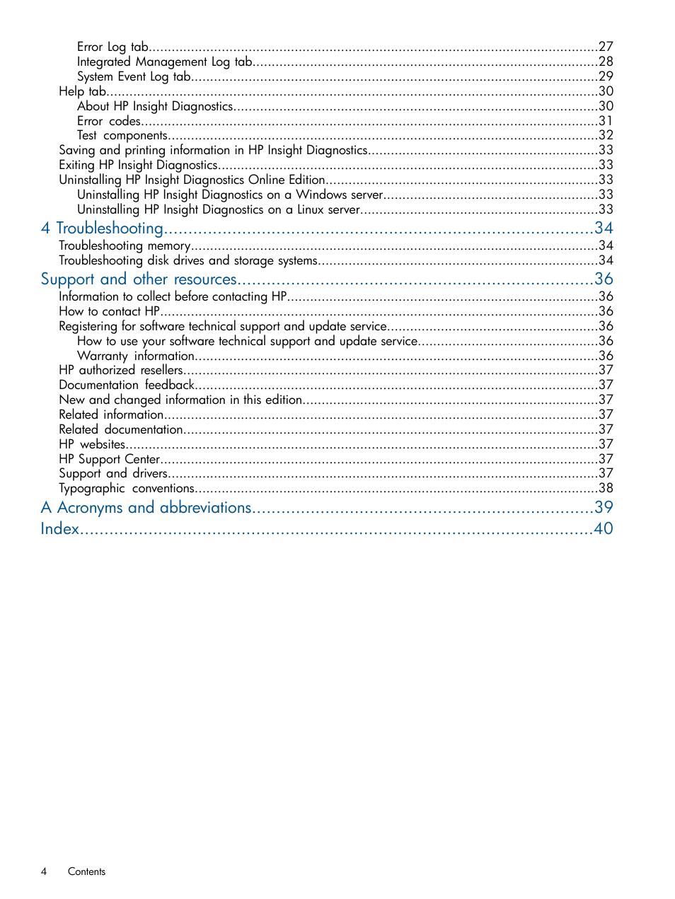 4 troubleshooting, Support and other resources, A acronyms and abbreviations index | HP Insight Diagnostics Software User Manual | Page 4 / 41