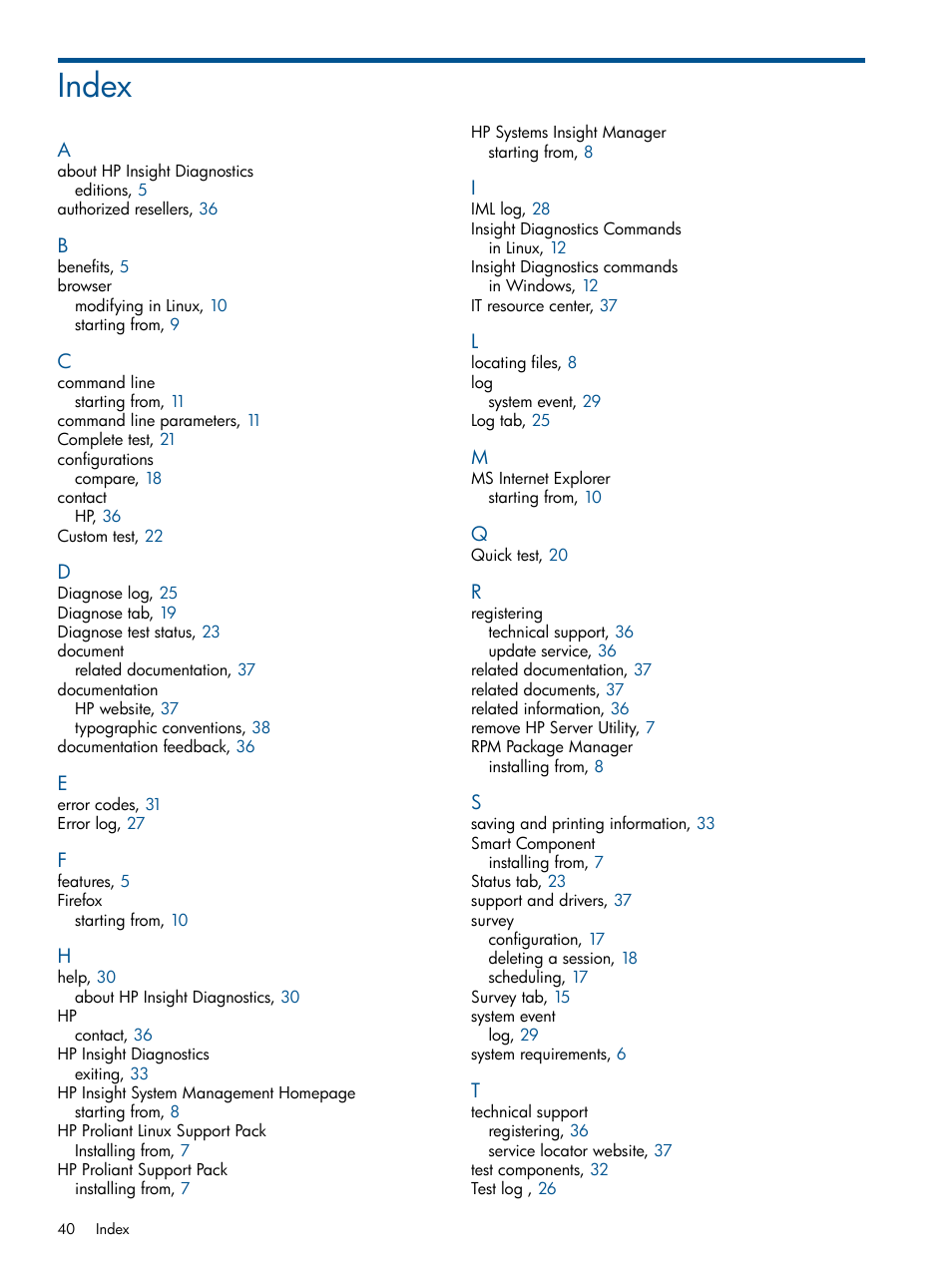 Index | HP Insight Diagnostics Software User Manual | Page 40 / 41