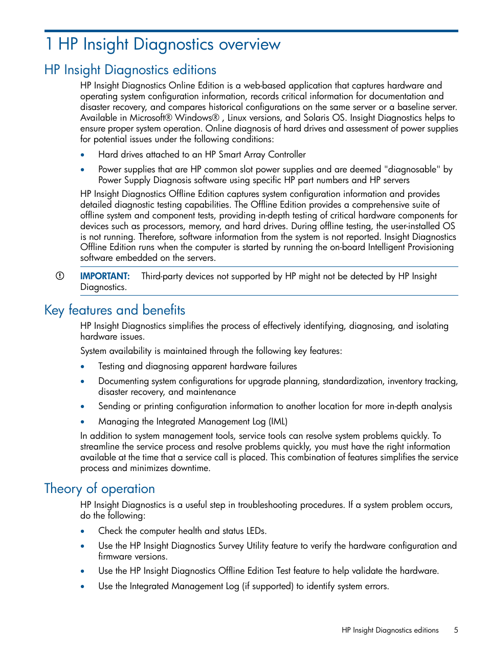 1 hp insight diagnostics overview, Hp insight diagnostics editions, Key features and benefits | Theory of operation | HP Insight Diagnostics Software User Manual | Page 5 / 41