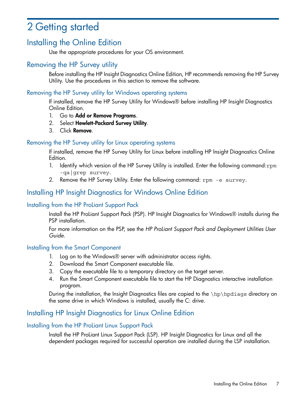 2 getting started, Installing the online edition, Removing the hp survey utility | Installing from the hp proliant support pack, Installing from the smart component, Installing from the hp proliant linux support pack | HP Insight Diagnostics Software User Manual | Page 7 / 41