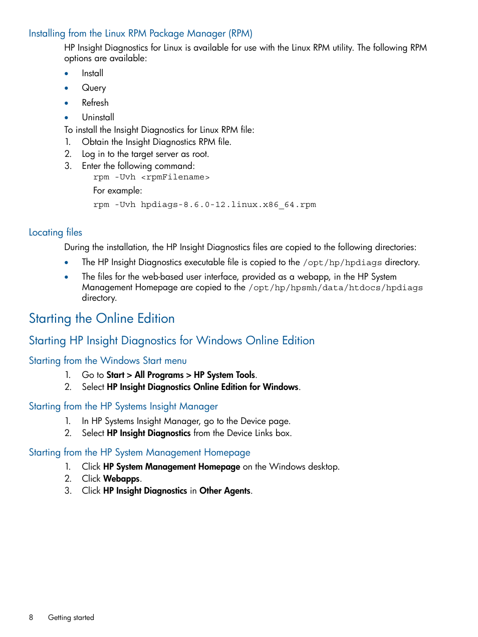 Locating files, Starting the online edition, Starting from the windows start menu | Starting from the hp systems insight manager | HP Insight Diagnostics Software User Manual | Page 8 / 41