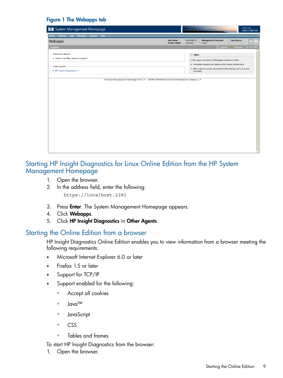 Starting the online edition from a browser | HP Insight Diagnostics Software User Manual | Page 9 / 41