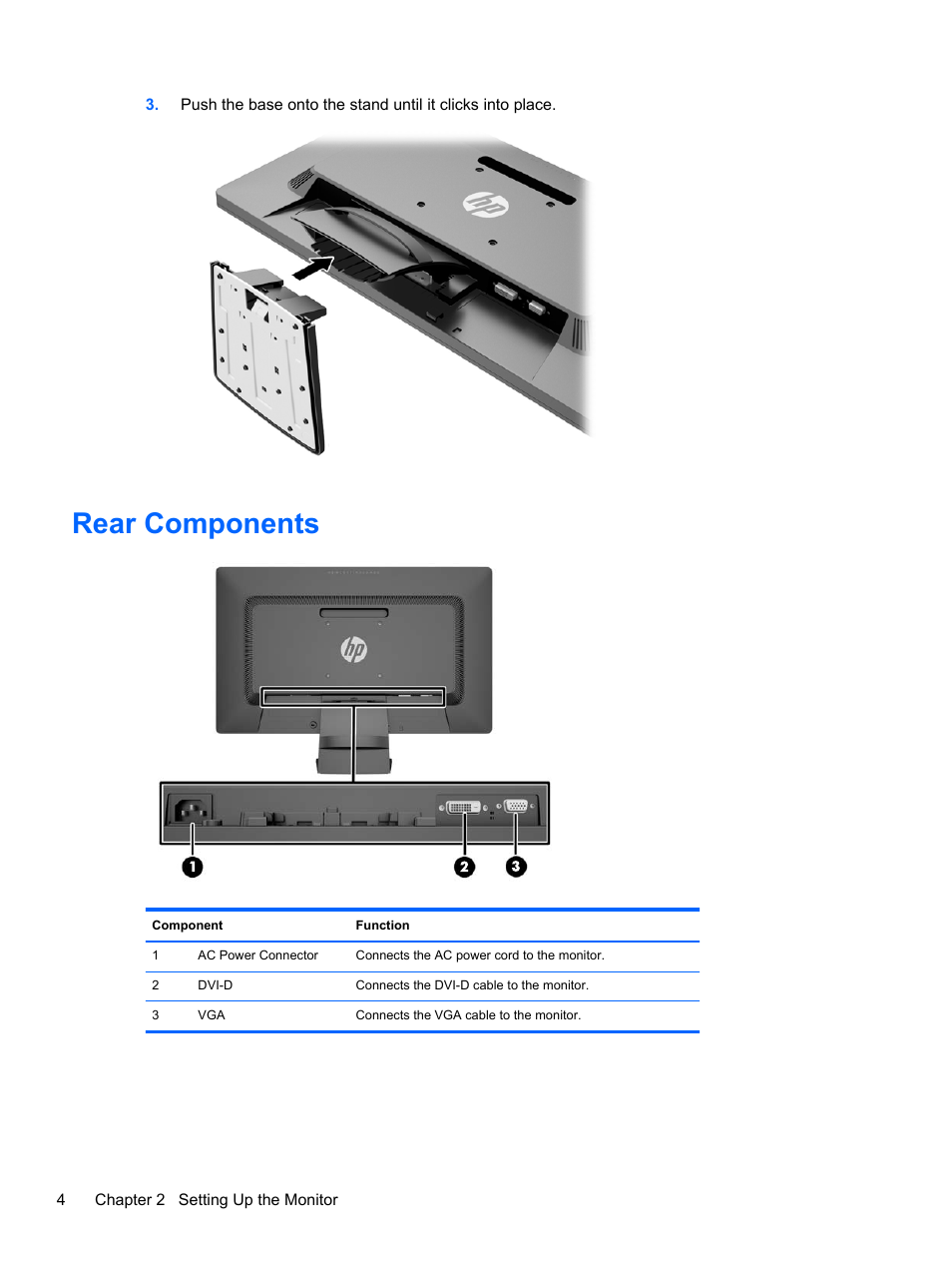 Rear components | HP ProDisplay P231 23-inch LED Backlit Monitor User Manual | Page 10 / 20