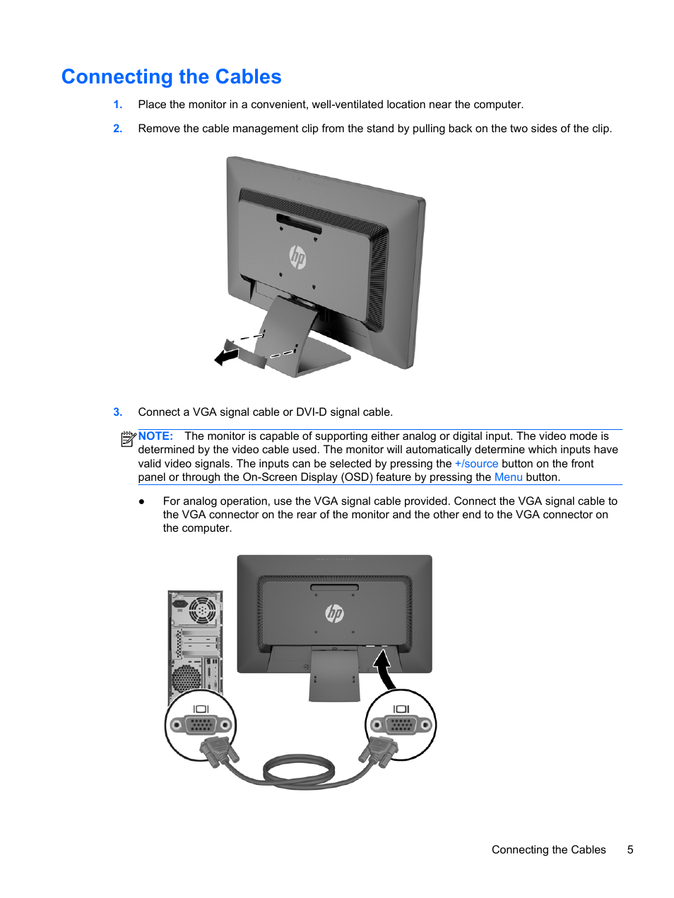 Connecting the cables | HP ProDisplay P231 23-inch LED Backlit Monitor User Manual | Page 11 / 20