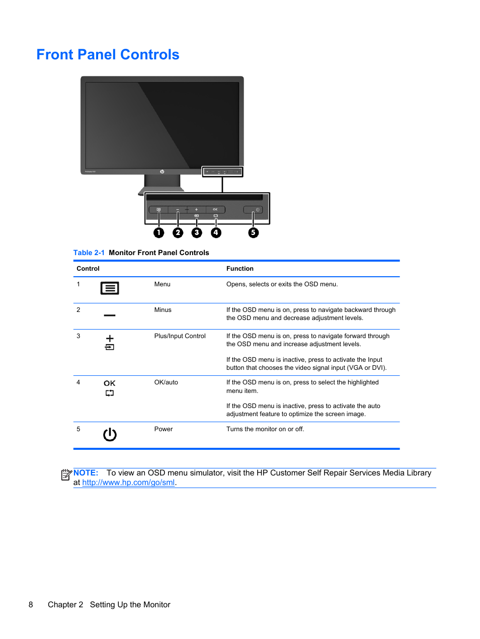 Front panel controls | HP ProDisplay P231 23-inch LED Backlit Monitor User Manual | Page 14 / 20