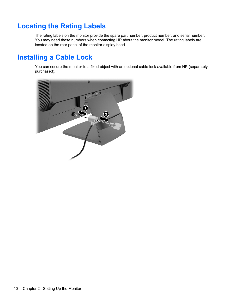 Locating the rating labels, Installing a cable lock, Locating the rating labels installing a cable lock | HP ProDisplay P231 23-inch LED Backlit Monitor User Manual | Page 16 / 20