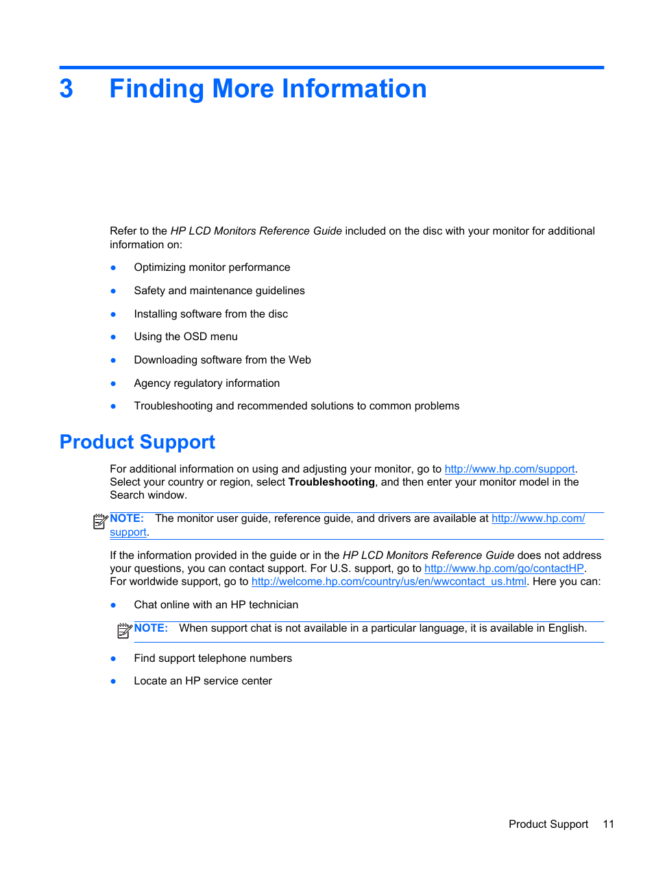 Finding more information, Product support, 3 finding more information | 3finding more information | HP ProDisplay P231 23-inch LED Backlit Monitor User Manual | Page 17 / 20