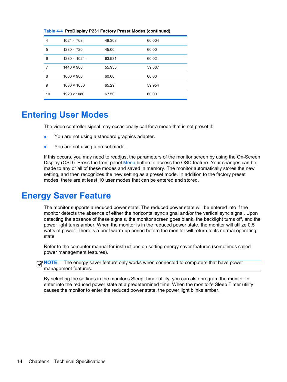 Entering user modes, Energy saver feature, Entering user modes energy saver feature | HP ProDisplay P231 23-inch LED Backlit Monitor User Manual | Page 20 / 20