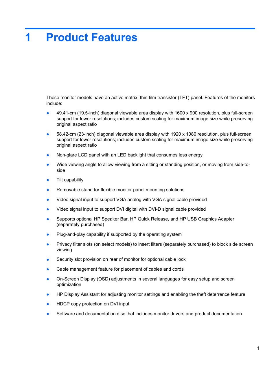 Product features, 1 product features, 1product features | HP ProDisplay P231 23-inch LED Backlit Monitor User Manual | Page 7 / 20