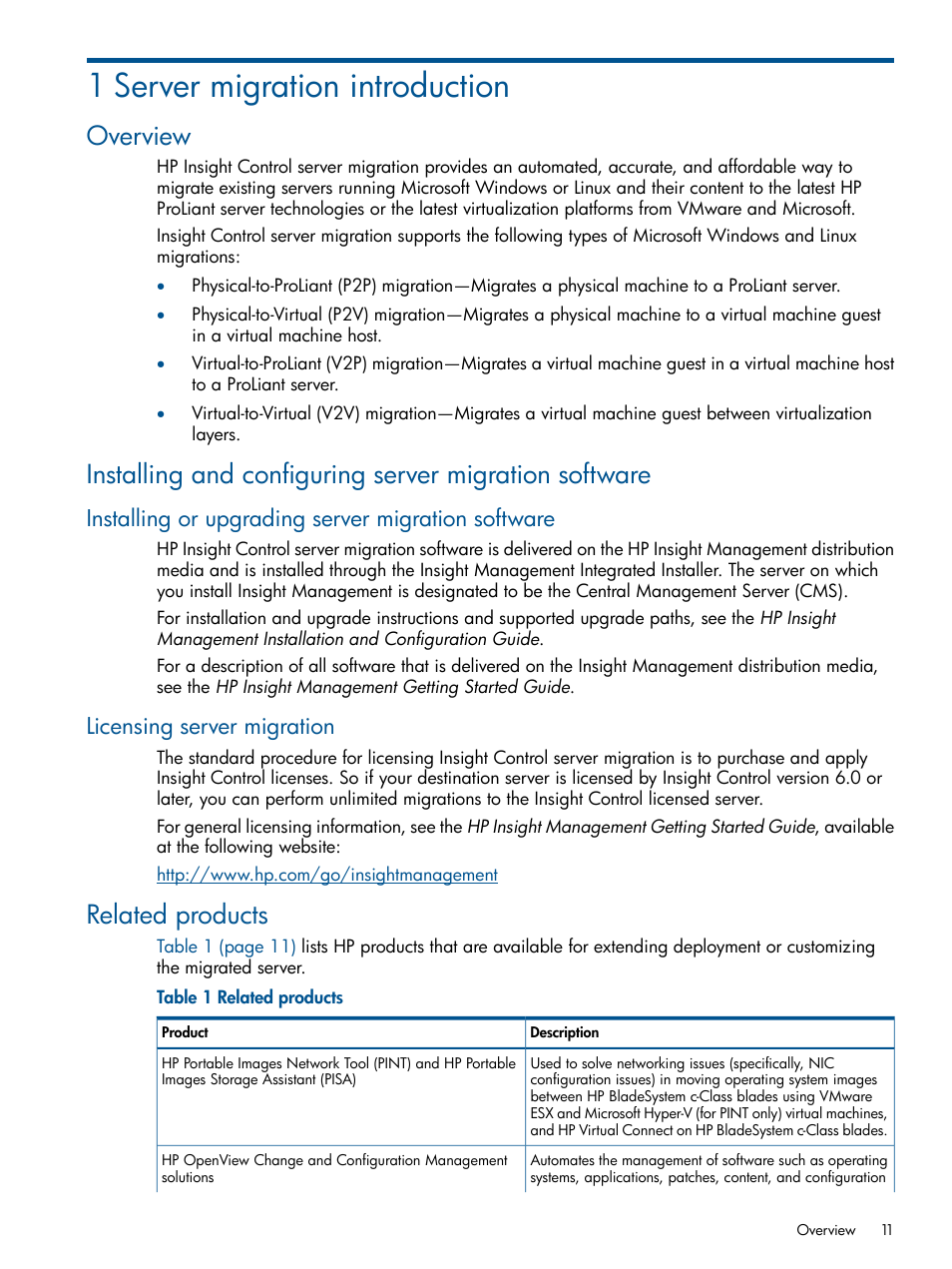 1 server migration introduction, Overview, Installing or upgrading server migration software | Licensing server migration, Related products | HP Insight Control User Manual | Page 11 / 82