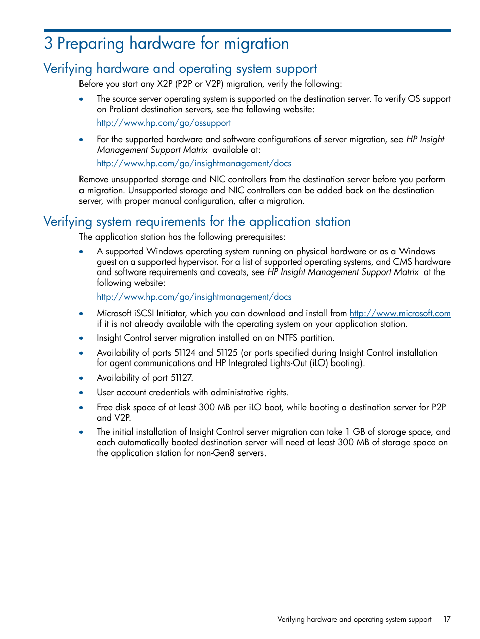 3 preparing hardware for migration, Verifying hardware and operating system support | HP Insight Control User Manual | Page 17 / 82