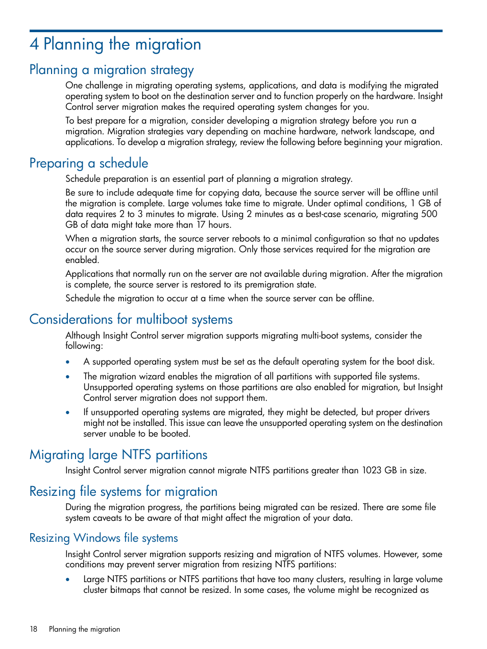 4 planning the migration, Planning a migration strategy, Preparing a schedule | Considerations for multiboot systems, Migrating large ntfs partitions, Resizing file systems for migration, Resizing windows file systems | HP Insight Control User Manual | Page 18 / 82