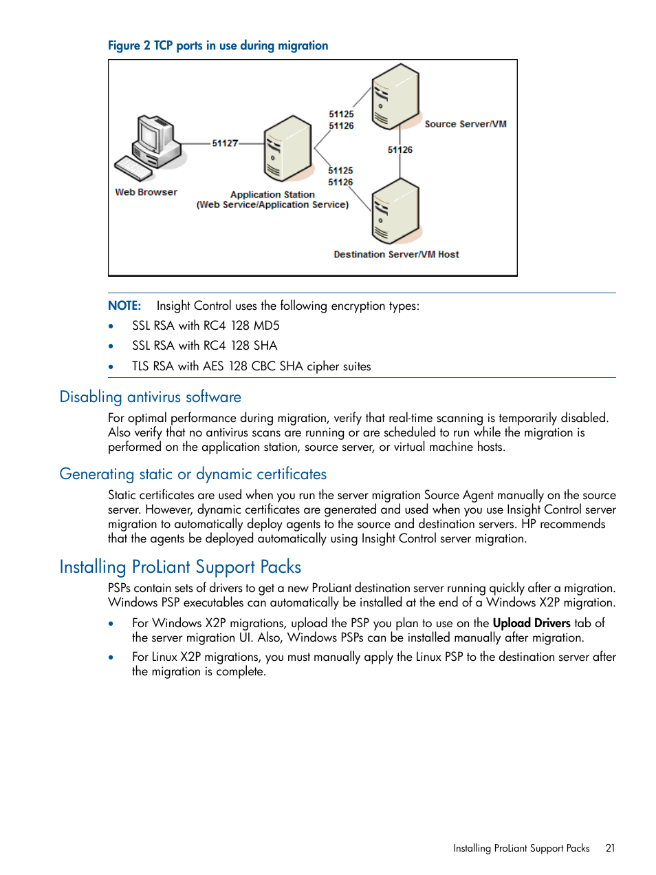 Disabling antivirus software, Generating static or dynamic certificates, Installing proliant support packs | HP Insight Control User Manual | Page 21 / 82