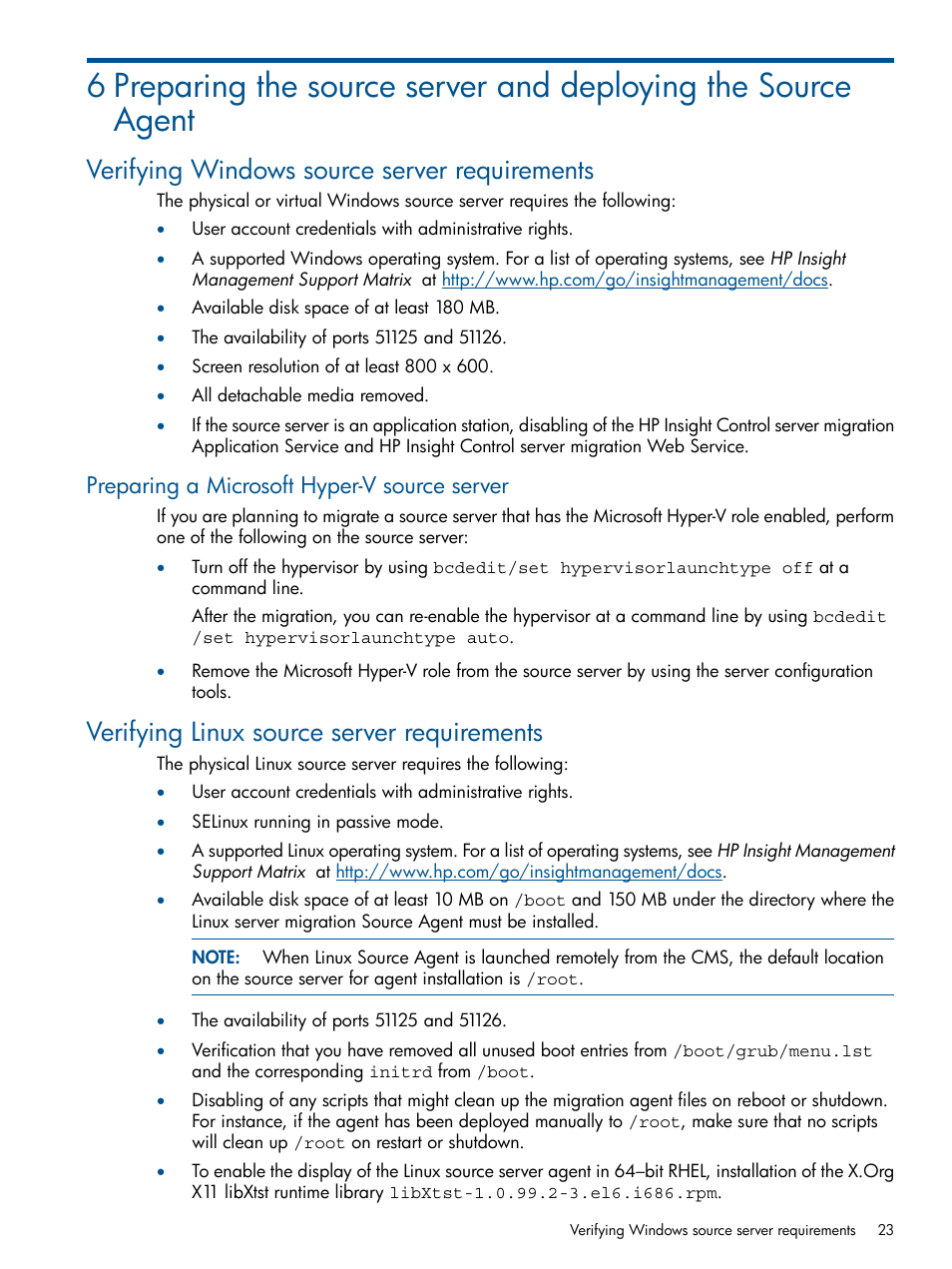 Verifying windows source server requirements, Preparing a microsoft hyper-v source server, Verifying linux source server requirements | HP Insight Control User Manual | Page 23 / 82