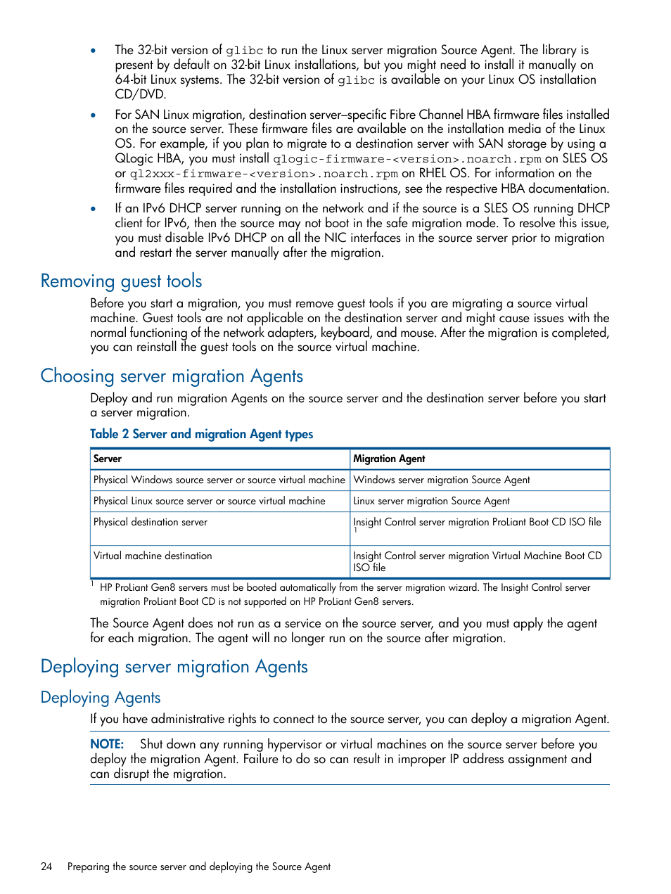 Removing guest tools, Choosing server migration agents, Deploying server migration agents | Deploying agents | HP Insight Control User Manual | Page 24 / 82