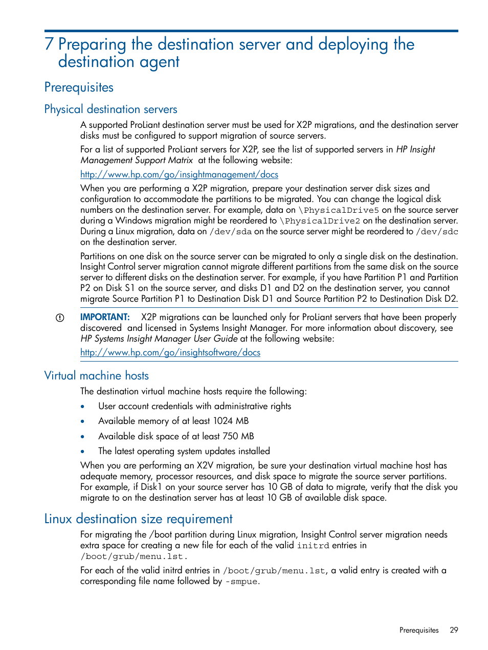 Prerequisites, Physical destination servers, Virtual machine hosts | Linux destination size requirement, Physical destination servers virtual machine hosts | HP Insight Control User Manual | Page 29 / 82